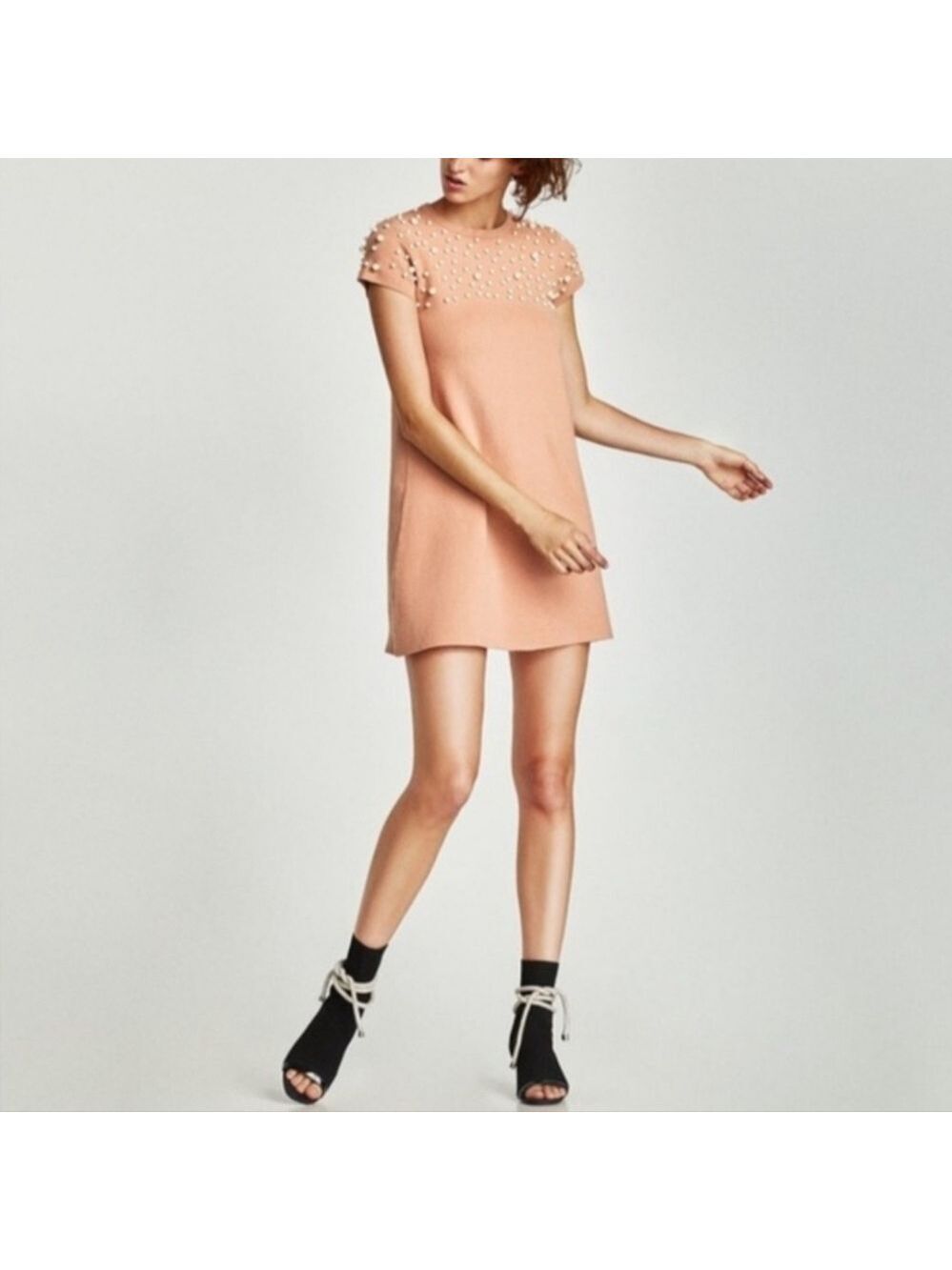 Zara Knit Blush Soft Pink Knit Sweater Dress with Pearl Detailing
